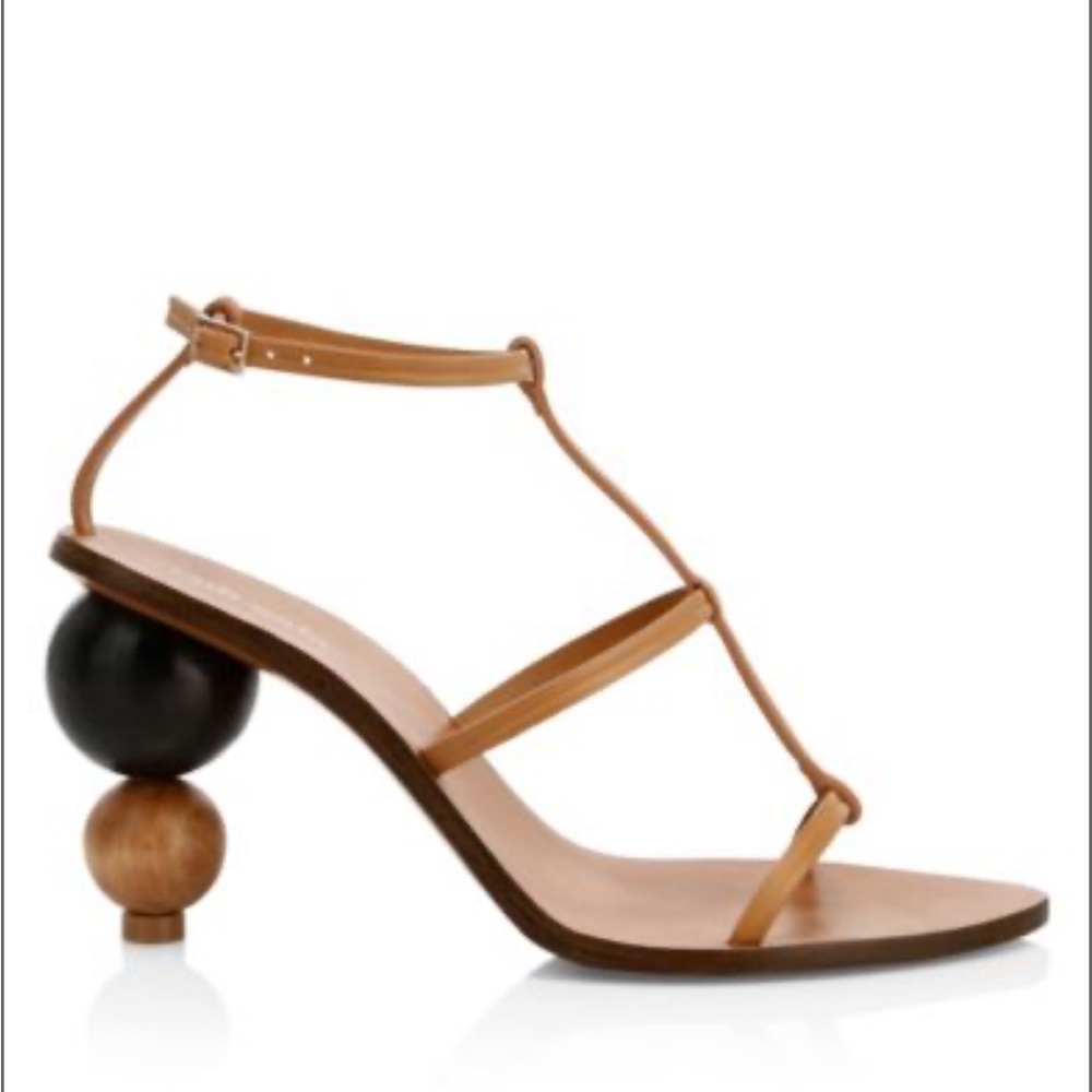 Cult Gaia Eden Wooden Heel Leather T-Strap Sandal Heels